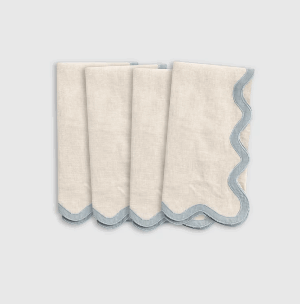 European Linen Scallop Edge Napkins cream colored with light blue trim